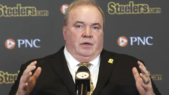 Jan 27, 2026; Pittsburgh, PA, USA;  Pittsburgh Steelers head coach Mike McCarthy speaks at a press conference introducing him as the next head coach of the Steelers at PNC Champions Club at Acrisure Stadium.. Mandatory Credit: Charles LeClaire-Imagn Images