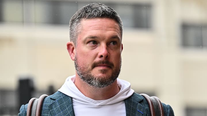 Nov 8, 2025; Iowa City, Iowa, USA; Oregon Ducks head coach Dan Lanning enters Kinnick Stadium before the game against the Iowa Hawkeyes. Mandatory Credit: Jeffrey Becker-Imagn Images