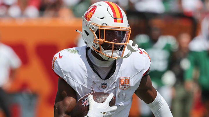 Sep 21, 2025; Tampa, Florida, USA; Tampa Bay Buccaneers running back Rachaad White (1) Mandatory Credit: Kim Klement Neitzel-Imagn Images