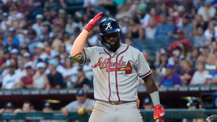 Apr 4, 2026; Phoenix, Arizona, USA; Atlanta Braves outfielder Michael Harris II (23) taps his helmet to initiate an ABS challenge during the ninth inning of a game against the Arizona Diamondbacks at Chase Field. Mandatory Credit: Allan Henry-Imagn Images Apr 4, 2026; Phoenix, Arizona, USA; Atlanta Braves outfielder Michael Harris II (23) taps his helmet to initiate an ABS challenge during the ninth inning of a game against the Arizona Diamondbacks at Chase Field. Mandatory Credit: Allan Henry-Imagn Images