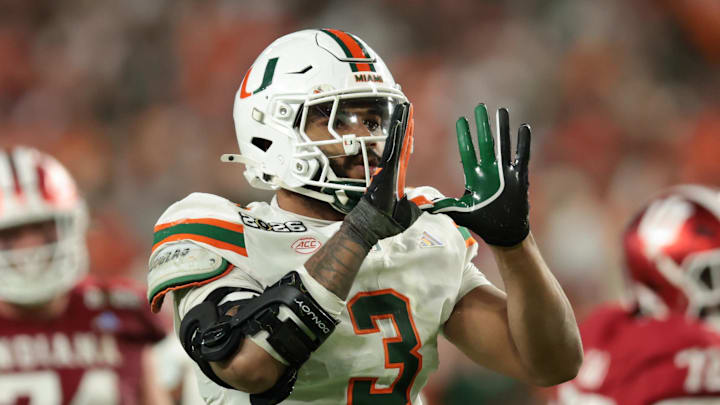 Jan 19, 2026; Miami Gardens, FL, USA; Miami Hurricanes defensive lineman Akheem Mesidor (3) celebrates after a sack against the Indiana Hoosiers in the third quarter during the College Football Playoff National Championship game at Hard Rock Stadium. Mandatory Credit: Sam Navarro-Imagn Images Jan 19, 2026; Miami Gardens, FL, USA; Miami Hurricanes defensive lineman Akheem Mesidor (3) celebrates after a sack against the Indiana Hoosiers in the third quarter during the College Football Playoff National Championship game at Hard Rock Stadium. Mandatory Credit: Sam Navarro-Imagn Images