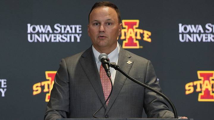 Iowa State’s new athletics director, Jared Benko, speaks after being introduced during a press conference at the Sukup End Zone Club at Jack Trice Stadium on Oct. 19, 2026, in Ames, Iowa. (Photo by Nirmalendu Majumdar-Ames Tribune/USA TODAY Network)