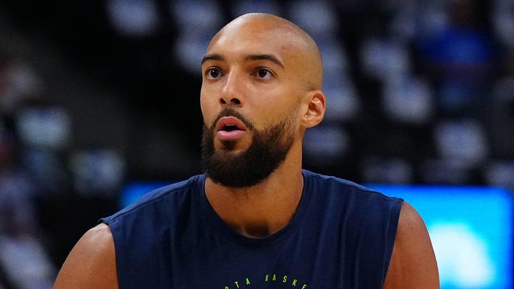 Apr 20, 2026; Denver, Colorado, USA; Minnesota Timberwolves center Rudy Gobert (27) warms up before game two of the first round of the 2026 NBA Playoffs against the Denver Nuggets at Ball Arena. Mandatory Credit: Ron Chenoy-Imagn Images