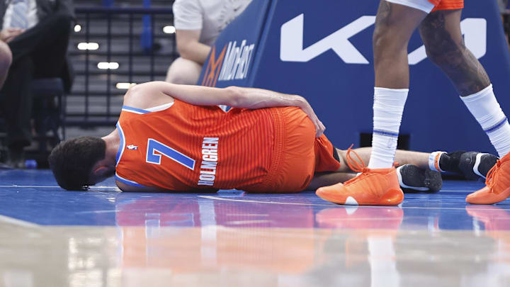 Nov 10, 2024; Oklahoma City, Oklahoma, USA; Oklahoma City Thunder forward Chet Holmgren (7) holds his leg after a hard following a play against the Golden State Warriors during the first quarter at Paycom Center. Mandatory Credit: Alonzo Adams-Imagn Images Nov 10, 2024; Oklahoma City, Oklahoma, USA; Oklahoma City Thunder forward Chet Holmgren (7) holds his leg after a hard following a play against the Golden State Warriors during the first quarter at Paycom Center. Mandatory Credit: Alonzo Adams-Imagn Images