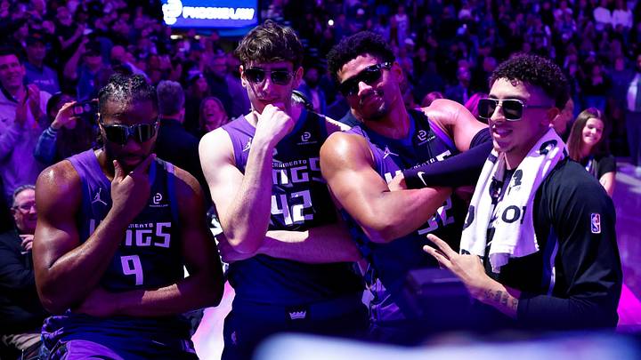 Jan 16, 2026; Sacramento, California, USA; Sacramento Kings forward Precious Achiuwa (9) and center Maxime Raynaud (42) and center Dylan Cardwell (32) and guard Nique Clifford (5) celebrate after lighting the beam in celebration of their victory against the Washington Wizards at Golden 1 Center. Mandatory Credit: Sergio Estrada-Imagn Images Jan 16, 2026; Sacramento, California, USA; Sacramento Kings forward Precious Achiuwa (9) and center Maxime Raynaud (42) and center Dylan Cardwell (32) and guard Nique Clifford (5) celebrate after lighting the beam in celebration of their victory against the Washington Wizards at Golden 1 Center. Mandatory Credit: Sergio Estrada-Imagn Images