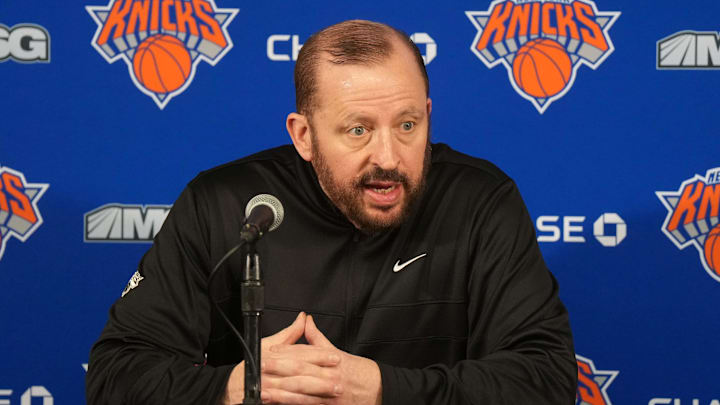 Mar 7, 2025; Inglewood, California, USA; New York Knicks coach Tom Thibodeau at a press conference at the Intuit Dome. Mandatory Credit: Kirby Lee-Imagn Images