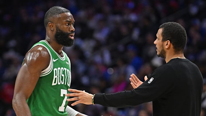 Apr 26, 2026; Philadelphia, Pennsylvania, USA; Boston Celtics guard Jaylen Brown (7) and head coach Joe Mazzulla against the Philadelphia 76ers during the second half at Xfinity Mobile Arena. Mandatory Credit: Eric Hartline-Imagn Images