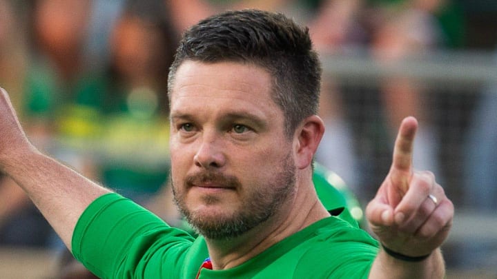 Oregon coach Dan Lanning oversees warmups before the game against Boise State at Autzen in Eugene Sept. 7, 2024