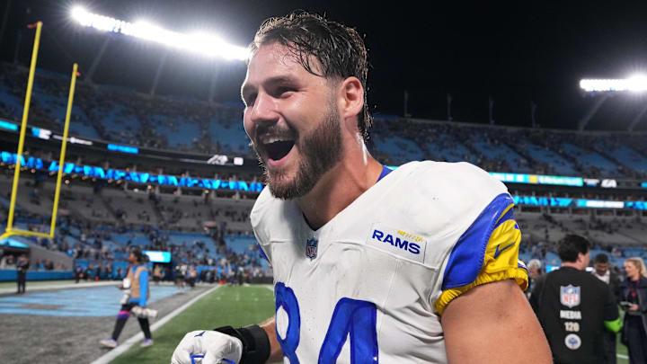 Jan 10, 2026; Charlotte, NC, USA; Los Angeles Rams tight end Colby Parkinson (84) reacts after the game against the Carolina Panthers in the NFC Wild Card Round game at Bank of America Stadium. Mandatory Credit: Bob Donnan-Imagn Images