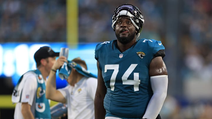 Jacksonville Jaguars offensive tackle Cam Robinson (74) reacts to a catch being confirmed in favor of the Jacksonville Jaguars during the second quarter of a preseason matchup Saturday, Aug. 26, 2023 at EverBank Stadium in Jacksonville, Fla. Jacksonville Jaguars offensive tackle Cam Robinson (74) reacts to a catch being confirmed in favor of the Jacksonville Jaguars during the second quarter of a preseason matchup Saturday, Aug. 26, 2023 at EverBank Stadium in Jacksonville, Fla.
