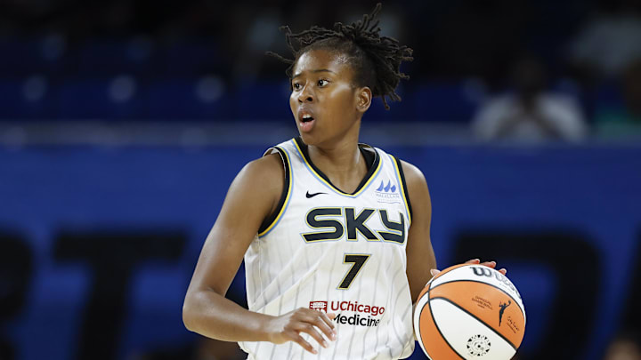 Aug 7, 2025; Chicago, Illinois, USA; Chicago Sky guard Ariel Atkins (7) brings the ball up court against the Atlanta Dream during the first half at Wintrust Arena. Mandatory Credit: Kamil Krzaczynski-Imagn Images