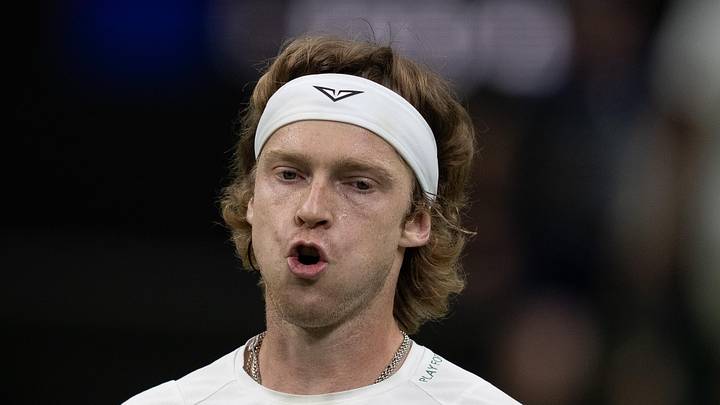 Andrey Rublev reacts to a point at Wimbledon