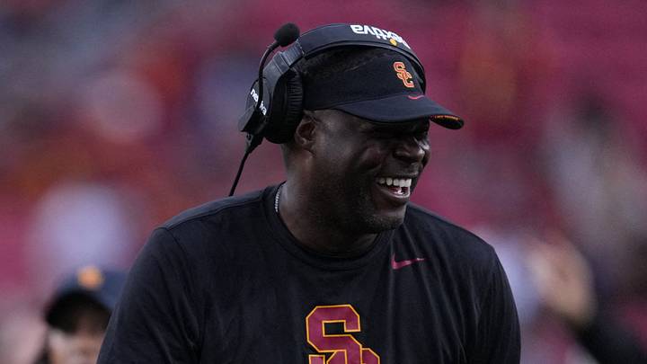 Sep 2, 2023; Los Angeles, California, USA; Southern California Trojans head coach Lincoln Riley (leff) and wide receivers coach Dennis Simmons react against the Nevada Wolf Pack in the second half at United Airlines Field at Los Angeles Memorial Coliseum. Mandatory Credit: Kirby Lee-USA TODAY Sports Sep 2, 2023; Los Angeles, California, USA; Southern California Trojans head coach Lincoln Riley (leff) and wide receivers coach Dennis Simmons react against the Nevada Wolf Pack in the second half at United Airlines Field at Los Angeles Memorial Coliseum. Mandatory Credit: Kirby Lee-USA TODAY Sports