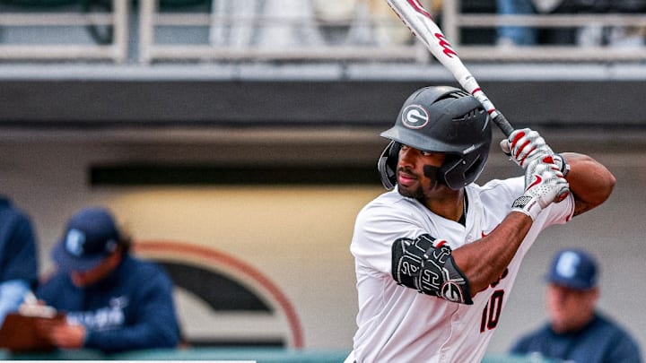 Georgia OF, Robbie Burnett steps in the box 