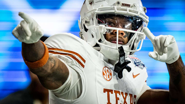 Texas Longhorns wide receiver Matthew Golden (2) celebrates catching a long pass for a first down near the end zone in the fourth quarter as the Texas Longhorns play the Arizona State Sun Devils in the Peach Bowl College Football Playoff quarterfinal at Mercedes-Benz Stadium in Atlanta, Georgia, Jan. 1, 2025.