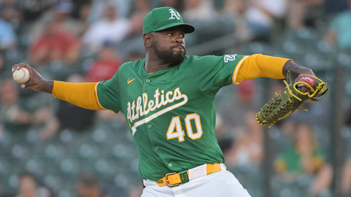 Jul 11, 2025; West Sacramento, California, USA; Athletics pitcher Luis Severino (40) throws a pitch against the Toronto Blue Jays during the third inning at Sutter Health Park. Mandatory Credit: Ed Szczepanski-Imagn Images