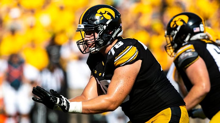 Iowa offensive lineman Mason Richman (78) blocks during a NCAA non-conference football game against Kent State, Saturday, Sept. 18, 2021, at Kinnick Stadium in Iowa City, Iowa.