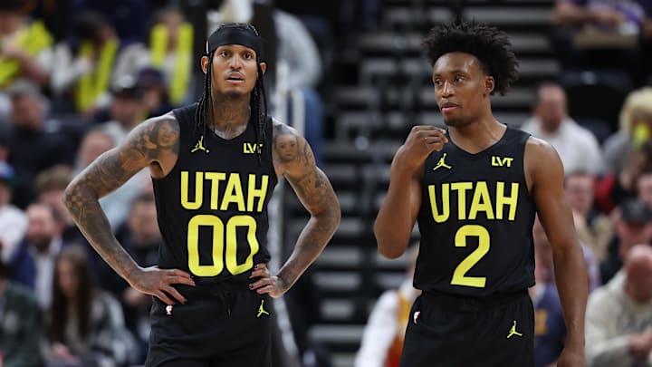 Mar 6, 2024; Salt Lake City, Utah, USA; Utah Jazz guard Jordan Clarkson (00) and guard Collin Sexton (2) speak during a second quarter break in action against the Chicago Bulls at Delta Center. Mandatory Credit: Rob Gray-Imagn Images Mar 6, 2024; Salt Lake City, Utah, USA; Utah Jazz guard Jordan Clarkson (00) and guard Collin Sexton (2) speak during a second quarter break in action against the Chicago Bulls at Delta Center. Mandatory Credit: Rob Gray-Imagn Images