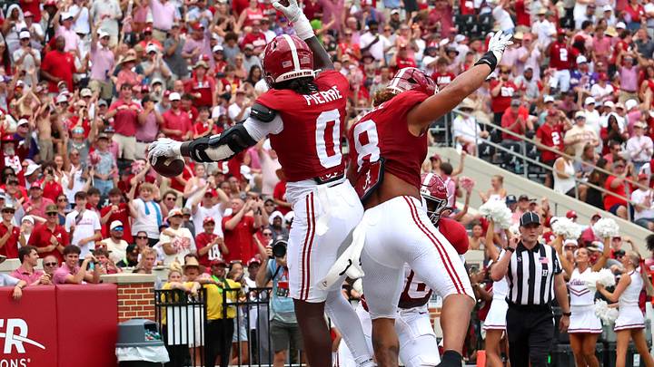 Sep 5, 2026; Tuscaloosa, Alabama, USA; Alabama Crimson Tide linebacker Yhonzae Pierre (0) celebrates his interception return for a touchdown with teammate Alabama Crimson Tide linebacker Justin Hill (8) during the second quarter against the East Carolina Pirates at Saban Field at Bryant-Denny Stadium. Mandatory Credit: David Leong-Imagn Images Sep 5, 2026; Tuscaloosa, Alabama, USA; Alabama Crimson Tide linebacker Yhonzae Pierre (0) celebrates his interception return for a touchdown with teammate Alabama Crimson Tide linebacker Justin Hill (8) during the second quarter against the East Carolina Pirates at Saban Field at Bryant-Denny Stadium. Mandatory Credit: David Leong-Imagn Images