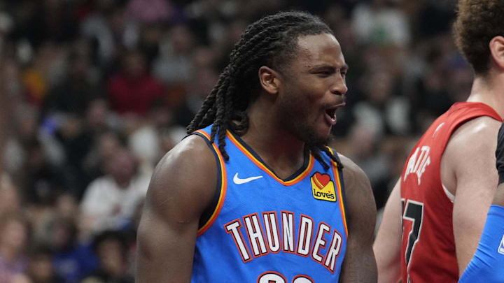 Dec 5, 2024; Toronto, Ontario, CAN; Oklahoma City Thunder guard Cason Wallace (22) reacts after making a basket against the Toronto Raptors during the second half at Scotiabank Arena. Mandatory Credit: John E. Sokolowski-Imagn Images