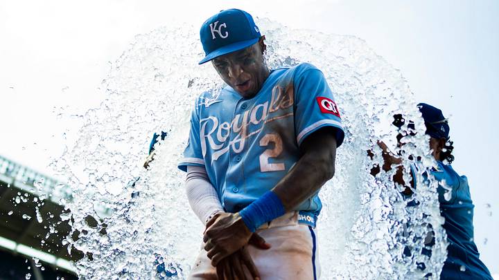 Jul 6, 2026; Kansas City, Missouri, USA; Kansas City Royals shortstop Tyler Tolbert (2) is doused by catcher Carter Jensen (22) and third baseman Josh Rojas (40) after defeating the Philadelphia Phillies at Kauffman Stadium. Mandatory Credit: Jay Biggerstaff-Imagn Images