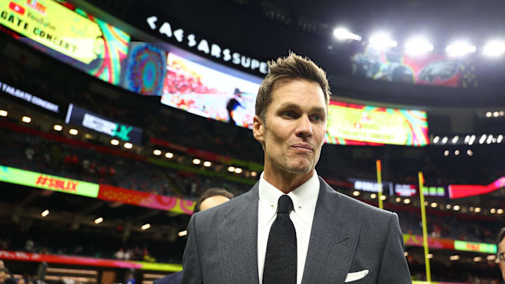 Feb 9, 2025; New Orleans, LA, USA; Tom Brady on the field before Super Bowl LIX between the Philadelphia Eagles and the Kansas City Chiefs at Ceasars Superdome. Mandatory Credit: Mark J. Rebilas-Imagn Images
