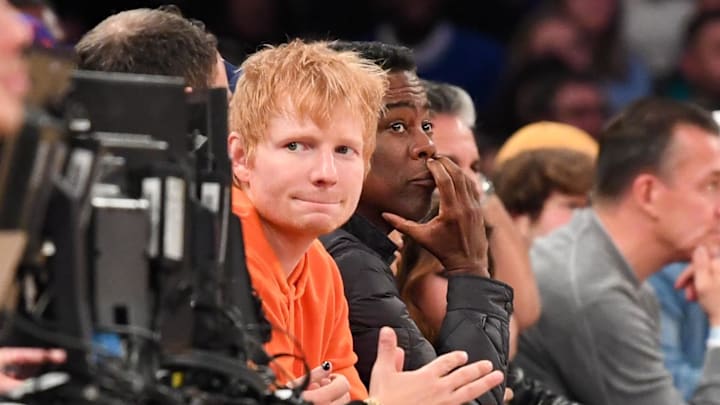 Nov 7, 2021; New York, New York, USA; Musician Ed Sheeran and Comedian Chris Rock sit at curtsied