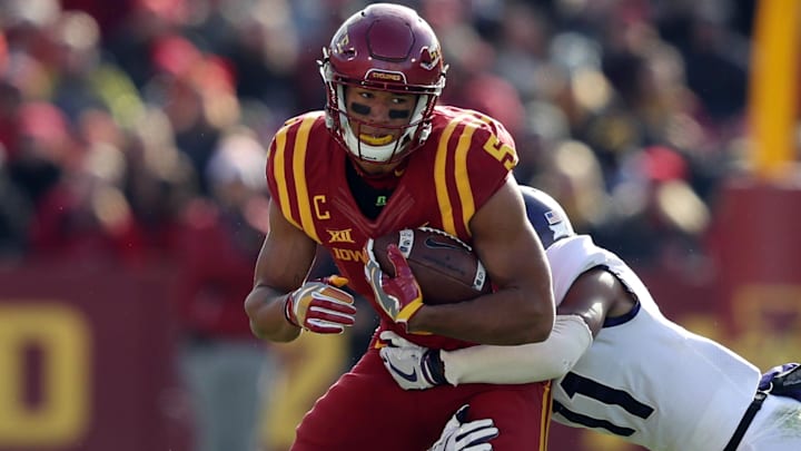 Oct 28, 2017; Ames, IA, USA; Iowa State Cyclones wide receiver Allen Lazard (5) is tackled by TCU Horned Frogs cornerback Ranthony Texada (11) in the second quarter at Jack Trice Stadium. Mandatory Credit: Reese Strickland-Imagn Images