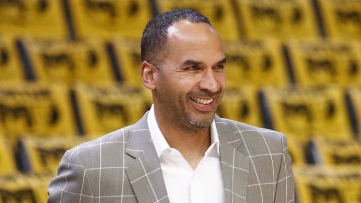 Apr 18, 2025; Memphis, Tennessee, USA; Dallas Mavericks general manager Nico Harrison watches warm ups prior to a game against the Memphis Grizzlies at FedExForum. Mandatory Credit: Petre Thomas-Imagn Images Apr 18, 2025; Memphis, Tennessee, USA; Dallas Mavericks general manager Nico Harrison watches warm ups prior to a game against the Memphis Grizzlies at FedExForum. Mandatory Credit: Petre Thomas-Imagn Images