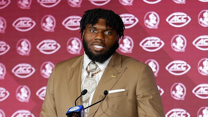 Jul 23, 2025; Charlotte, NC, USA; FSU defenseve lineman Darrell Jackson Jr.answers questions from the media during ACC Media days at Hilton Charlotte Uptown. Mandatory Credit: Jim Dedmon-Imagn Images Jul 23, 2025; Charlotte, NC, USA; FSU defenseve lineman Darrell Jackson Jr.answers questions from the media during ACC Media days at Hilton Charlotte Uptown. Mandatory Credit: Jim Dedmon-Imagn Images