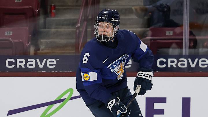 MINNEAPOLIS, MN - DECEMBER 28: Juho Piiparinen #6 of Finland skates with the puck during the Preliminary Round - Group B, Game 10 Finland vs Latvia - 2026 IIHF World Junior Championship between Finland and Latvia at 3M Arena at Mariucci on December 28, 2025 in Minneapolis, Minnesota. (Photo by Michael Miller/ISI Photos/ISI Photos via Getty Images)