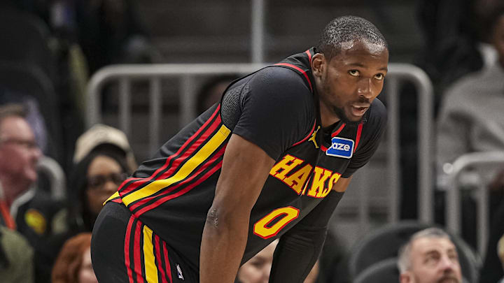 Feb 24, 2026; Atlanta, Georgia, USA; Atlanta Hawks forward Jonathan Kuminga (0) on the court against the Washington Wizards during the first half at State Farm Arena. Mandatory Credit: Dale Zanine-Imagn Images