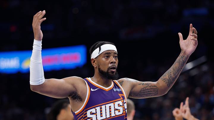 Oklahoma City, Oklahoma, USA; Phoenix Suns guard Jordan Goodwin (23) reacts to an officials call during the second half of a game against the Oklahoma City Thunder at Paycom Center on Oct 26, 2026.