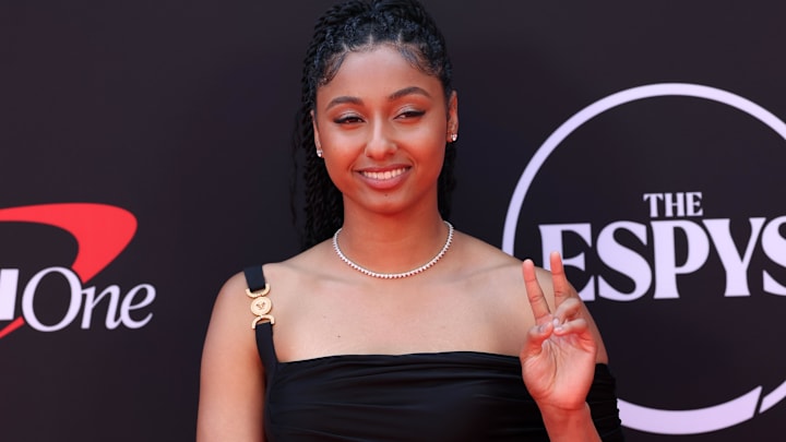 Jul 11, 2024; Los Angeles, CA, USA; USC basketball player JuJu Watkins arrives on the red carpet before the 2024 ESPYS at Dolby Theatre. Mandatory Credit: Kiyoshi Mio-Imagn Images