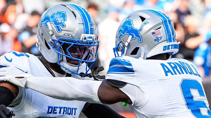 Detroit Lions cornerback Rock Ya-Sin (23) and cornerback Terrion Arnold (6) warm up ahead of Cincinnati Bengals game
