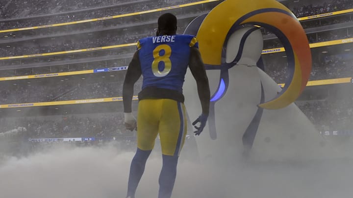Dec 8, 2024; Inglewood, California, USA; Los Angeles Rams linebacker Jared Verse (8) enters the field before the game against the Buffalo Bills at SoFi Stadium. Mandatory Credit: Kirby Lee-Imagn Images