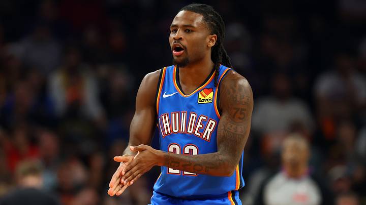 Apr 27, 2026; Phoenix, Arizona, USA; Oklahoma City Thunder guard Cason Wallace (22) against the Phoenix Suns during game four of the first round of the 2026 NBA Playoffs at Mortgage Matchup Center. Mandatory Credit: Mark J. Rebilas-Imagn Images