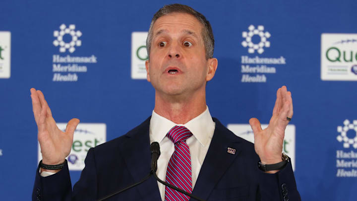 Jan 20, 2026; East Rutherford, NJ, USA; New York Giants head coach John Harbaugh speaks at the press conference announcing his hiring