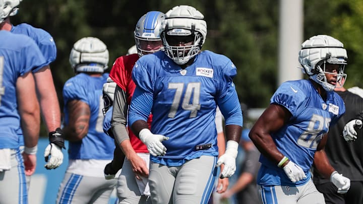 Detroit Lions guard Kayode Awosika (74) Detroit Lions guard Kayode Awosika (74)