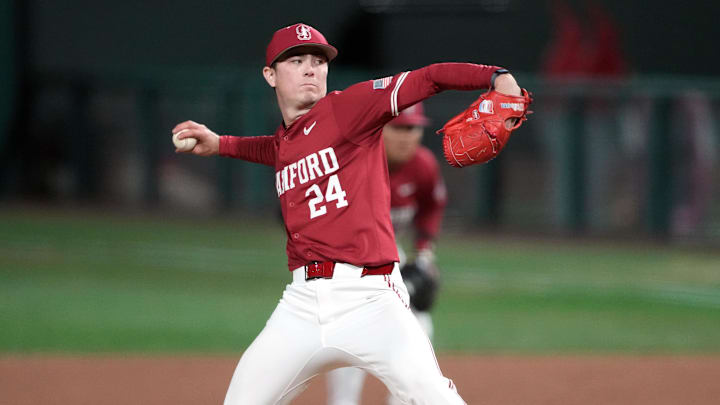Mar 1, 2025; Stanford, CA, USA; Stanford Cardinal pitcher Aidan Keenan (24) throws a pitch against the Xavier Musketeers during the ninth inning at Sunken Diamond. Mandatory Credit: Darren Yamashita-Imagn Images