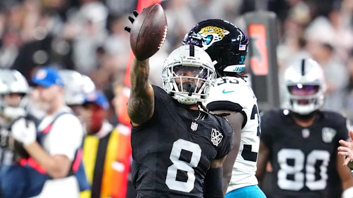 Dec 22, 2024; Paradise, Nevada, USA; Las Vegas Raiders running back Ameer Abdullah (8) celebrates after gaining a first down against the Jacksonville Jaguars during the fourth quarter at Allegiant Stadium. Mandatory Credit: Stephen R. Sylvanie-Imagn Images