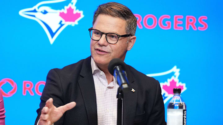 Apr 14, 2025; Toronto, Ontario, Canada; Toronto Blue Jays general manger Ross Atkins speaks to the media during the press conference at Rogers Centre.