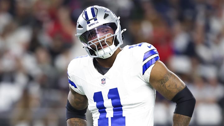 Nov 18, 2024; Arlington, Texas, USA;  Dallas Cowboys linebacker Micah Parsons (11) reacts during the first quarter against the Houston Texans at AT&T Stadium. Mandatory Credit: Kevin Jairaj-Imagn Images