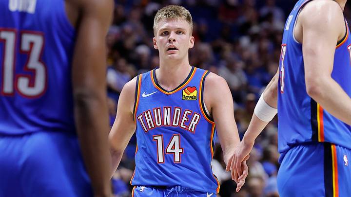 Oct 6, 2026; Tulsa, Oklahoma, USA; Oklahoma City Thunder guard Bennett Stirtz (14) stands with his team between plays during the second half against the New Orleans Pelicans at BOK Center. Mandatory Credit: Alonzo Adams-Imagn Images