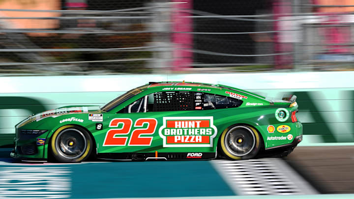 Oct 26, 2024; Homestead, Florida, USA; NASCAR Cup Series driver Joey Logano (22) during practice for the Straight Talk Wireless 400 at Homestead-Miami Speedway. Oct 26, 2024; Homestead, Florida, USA; NASCAR Cup Series driver Joey Logano (22) during practice for the Straight Talk Wireless 400 at Homestead-Miami Speedway.