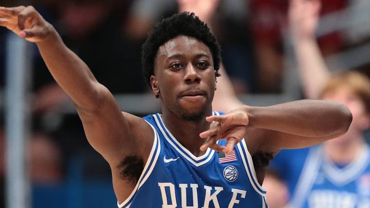 Duke Blue Devils guard John Blackwell (13) reacts after scoring a three point shot against Kansas Jayhawks during the exhibition game inside Allen Fieldhouse in Lawrence, Kansas on Oct. 25, 2026. Duke Blue Devils guard John Blackwell (13) reacts after scoring a three point shot against Kansas Jayhawks during the exhibition game inside Allen Fieldhouse in Lawrence, Kansas on Oct. 25, 2026.