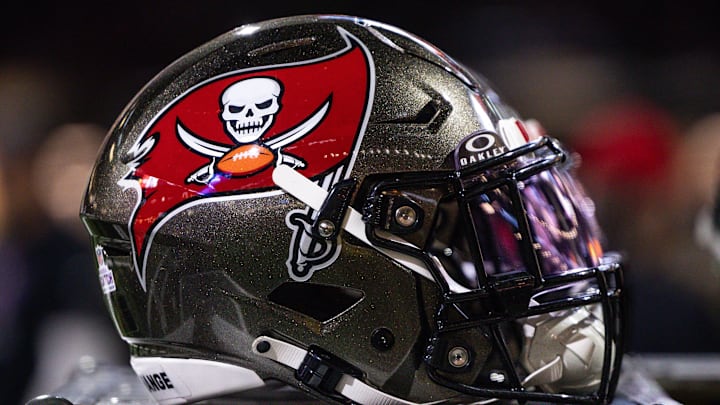 Oct 13, 2024; New Orleans, Louisiana, USA;  Detailed view of the Tampa Bay Buccaneers helmet against the New Orleans Saints during the first half at Caesars Superdome. Mandatory Credit: Stephen Lew-Imagn Images