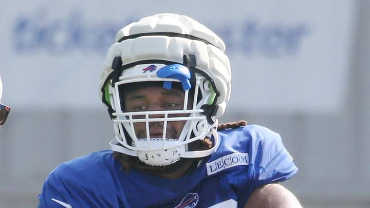 Bills defensive tackle T.J. Sanders cuts inside the block of Larry Ogunjobi during position drills during day six of Buffalo Bills training camp at St. John Fisher University Tuesday, July 29, 2025 in Pittsford, NY. Bills defensive tackle T.J. Sanders cuts inside the block of Larry Ogunjobi during position drills during day six of Buffalo Bills training camp at St. John Fisher University Tuesday, July 29, 2025 in Pittsford, NY.