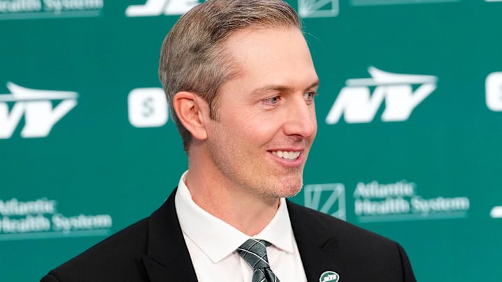 Darren Mougey is shown during a press conference where he was introduced as the new general manager of the New York Jets, at the Atlantic Health Jets Training Center, Monday, January 27, 2025, in Florham Park.