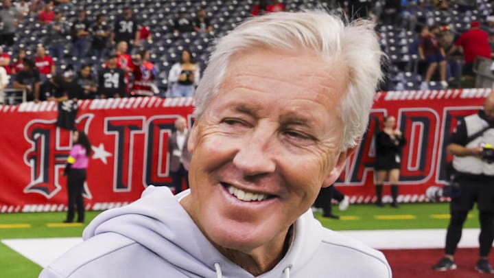 Dec 21, 2025; Houston, Texas, USA; Las Vegas Raiders head coach Pete Carroll walks on the sideline during pregame warmups against the Houston Texans at NRG Stadium. Mandatory Credit: Thomas Shea-Imagn Images